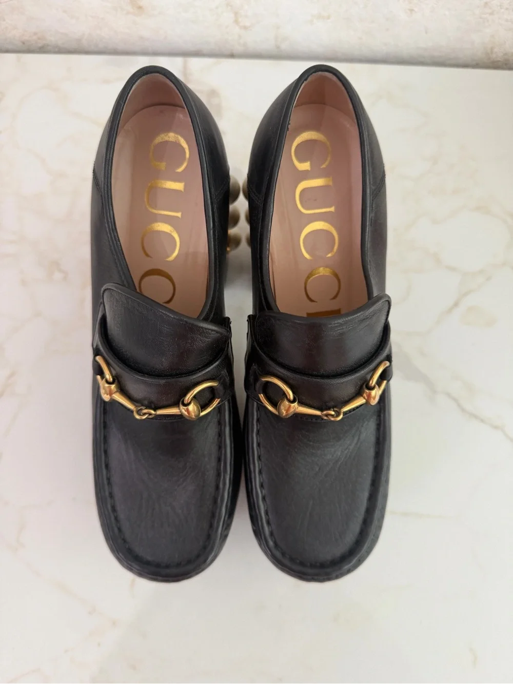 Gucci Black Leather Platform Loafers with Gold Hardware and Pearl Heel Size 38